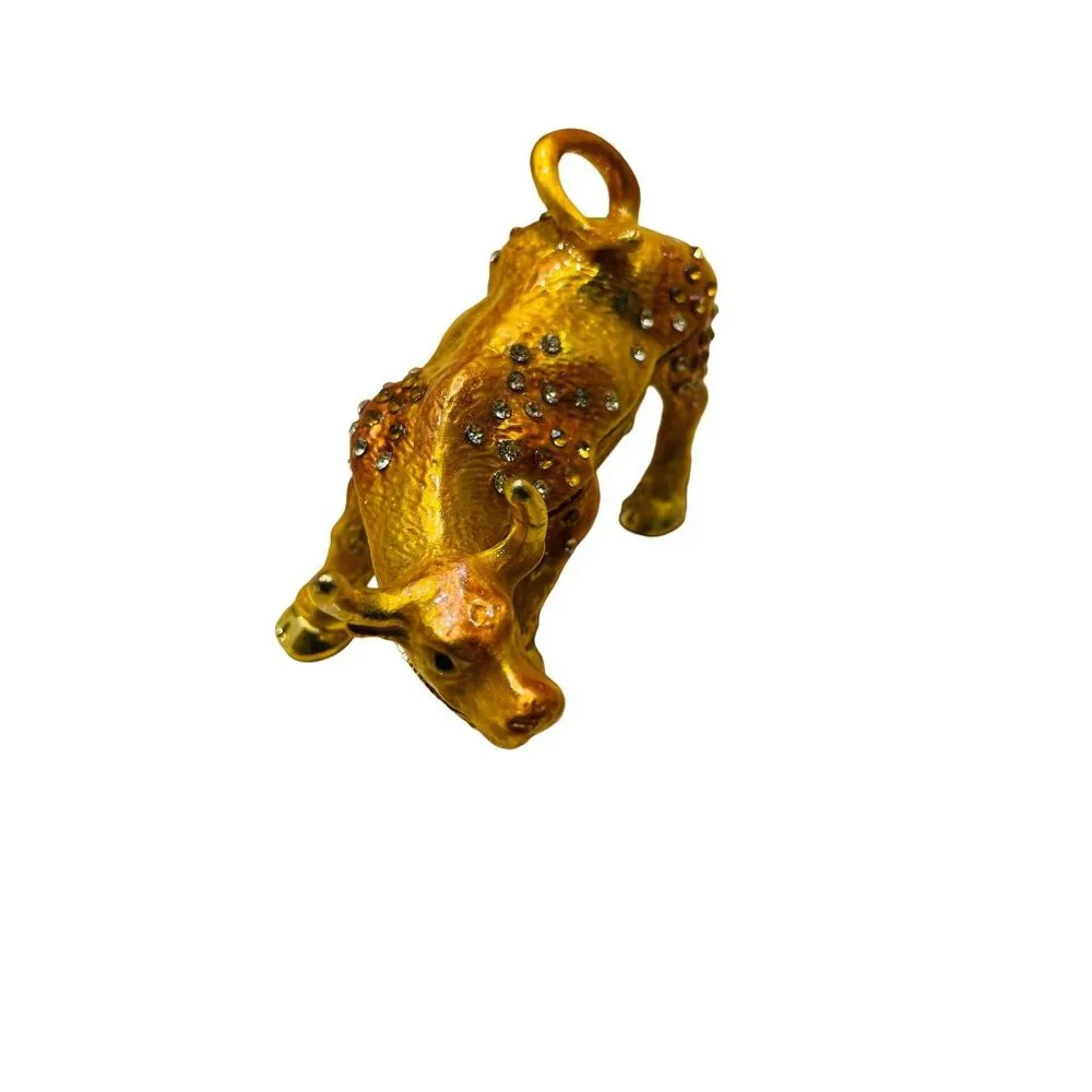 Bull Trinket Box Gold Rhinestone Enamel Hinged Jewelry Case - Picture 3 of 8